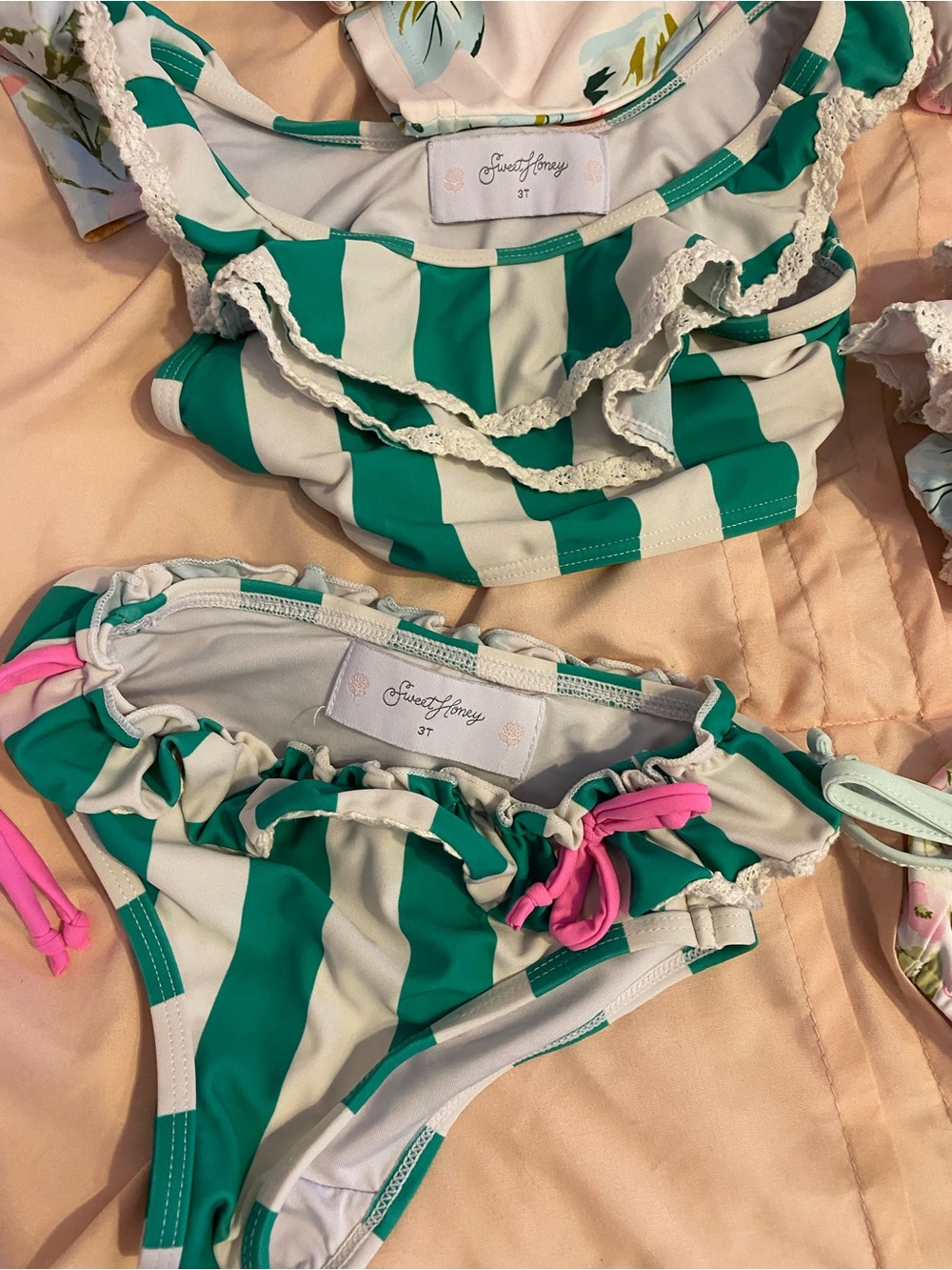SweetHoney Girls' Green & White Stripe Ruffle Swim Bottoms with Pink Tie - 3T